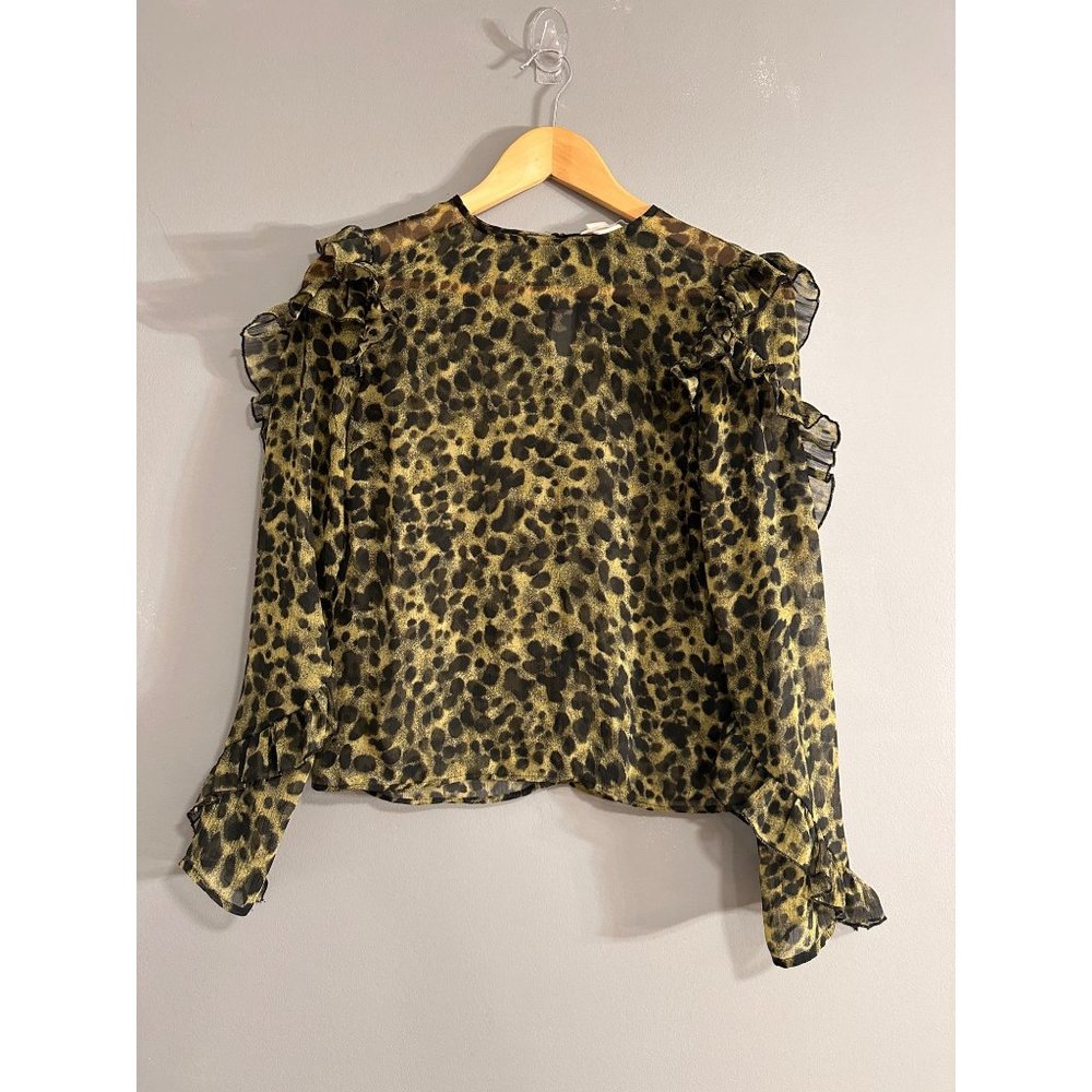 H&M Green and Black Leopard Sheet Blouse with Rufflesm